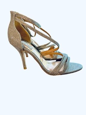 Badgley Mischka Glitter Strappy Stiletto Sandals, platinum